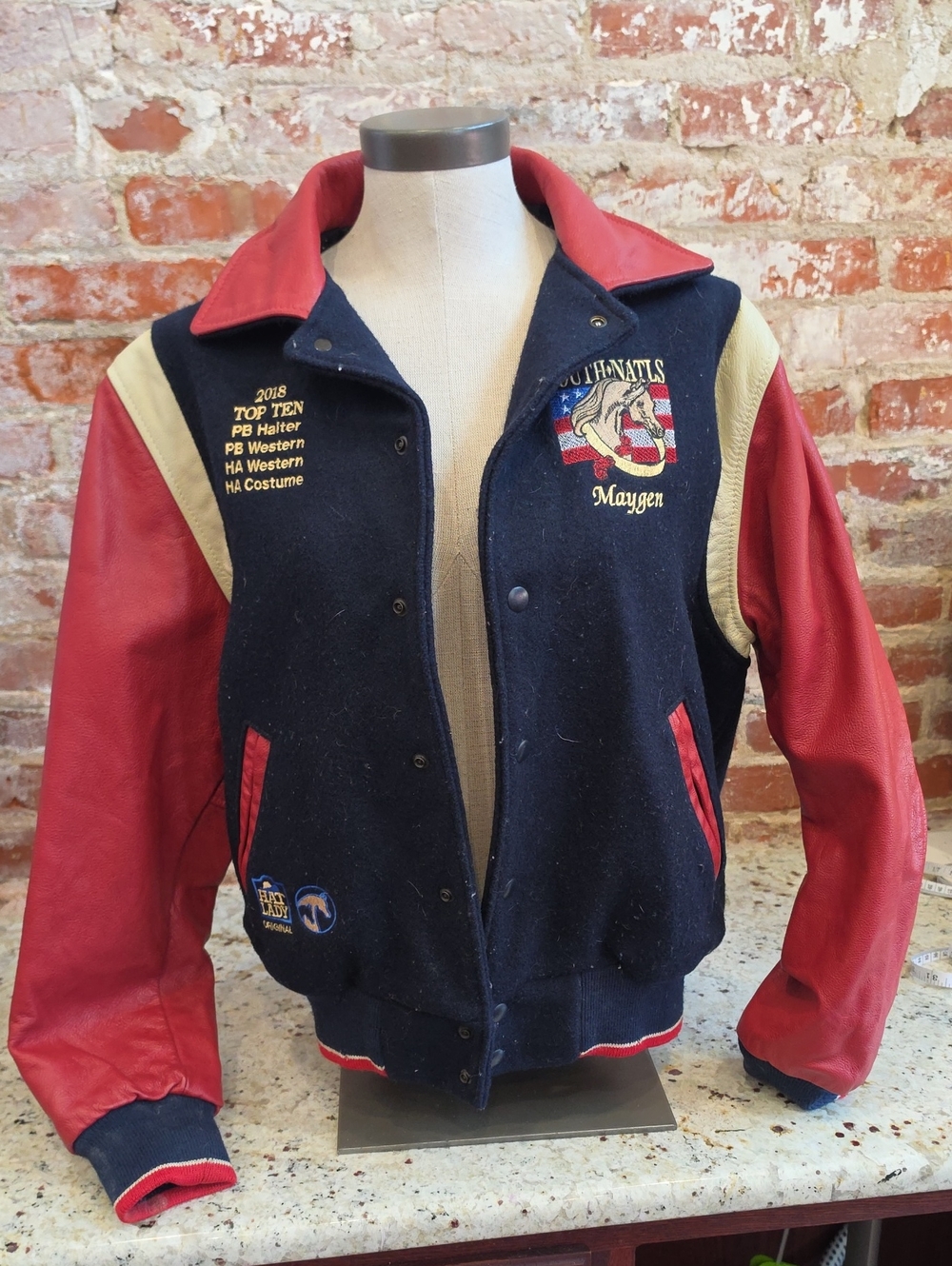 Navy, Red & Cream Varsity Bomber Jacket with Embroidered Crest - 2269